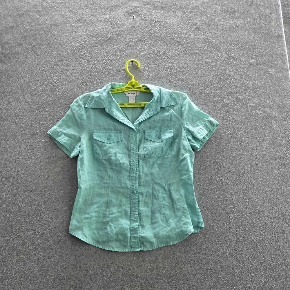Allison Taylor Women Button Up Shirt S Green Linen Collared Front Short Sleeve - Picture 1 of 7